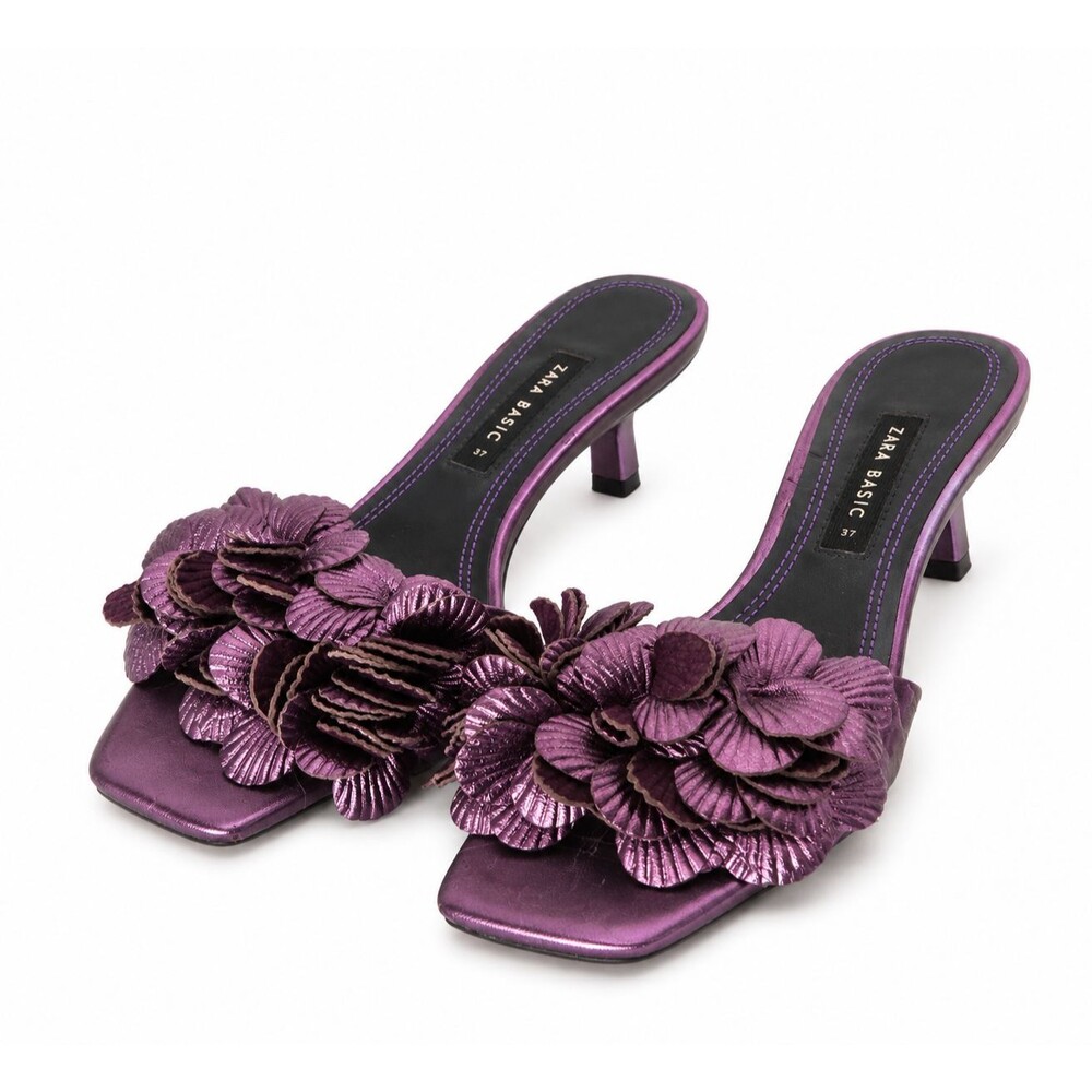 Zara Metallic Purple Floral Mules Women 37 Kitten Heel Y2K Party Statement Shoes